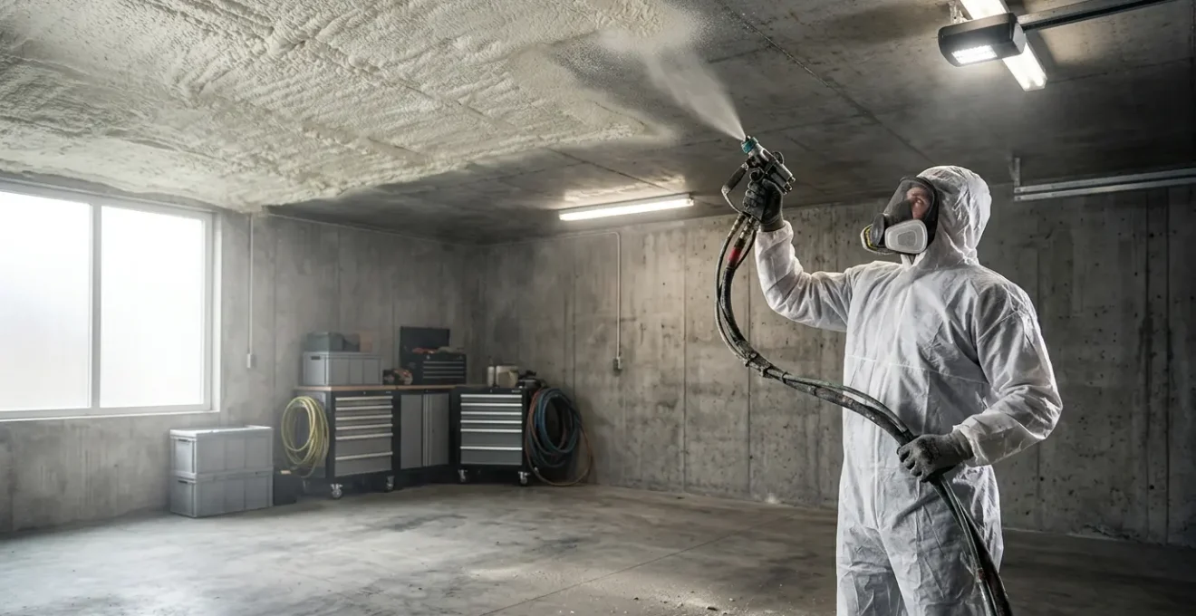 Professionnel RGE projetant de l'isolant au plafond d'un garage avec équipement spécialisé