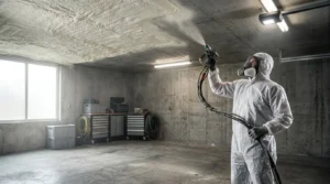 Professionnel RGE projetant de l'isolant au plafond d'un garage avec équipement spécialisé