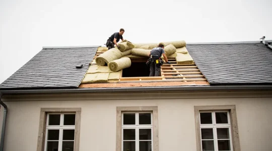 Vue d'ensemble d'une maison en rénovation avec échafaudages sur le toit et isolation des combles visible, fenêtres d'origine encore en place