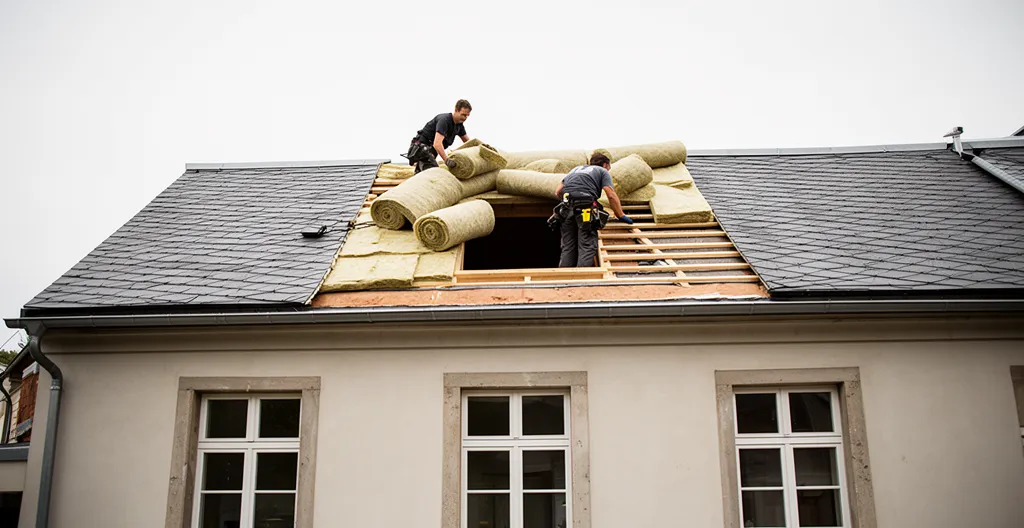 Vue d'ensemble d'une maison en rénovation avec échafaudages sur le toit et isolation des combles visible, fenêtres d'origine encore en place