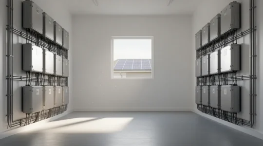 Installation de batteries domestiques dans un local technique d'une maison autonome avec panneaux solaires visibles