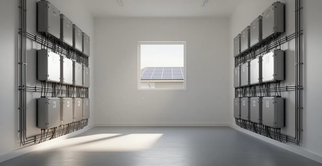 Installation de batteries domestiques dans un local technique d'une maison autonome avec panneaux solaires visibles