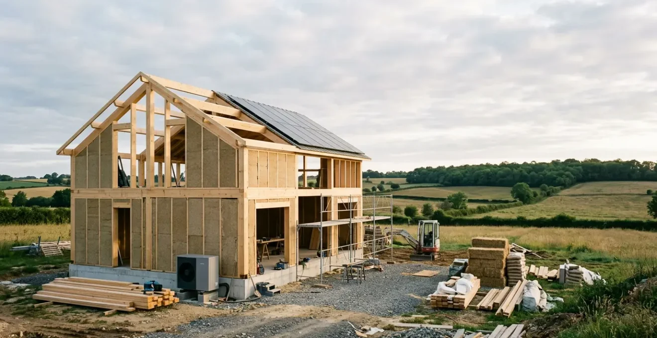 Maison écologique moderne avec pompe à chaleur et panneaux solaires illustrant les nouvelles normes RE2020