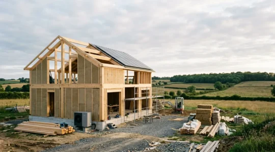 Maison écologique moderne avec pompe à chaleur et panneaux solaires illustrant les nouvelles normes RE2020