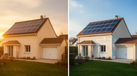 Maison individuelle française avec éléments de rénovation énergétique et représentation visuelle de l'impact climatique