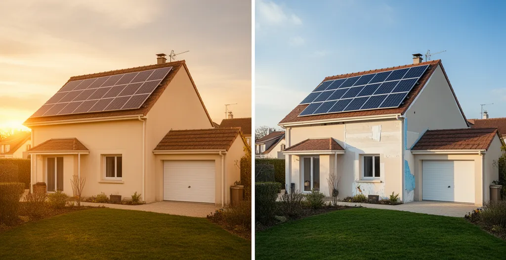 Maison individuelle française avec éléments de rénovation énergétique et représentation visuelle de l'impact climatique