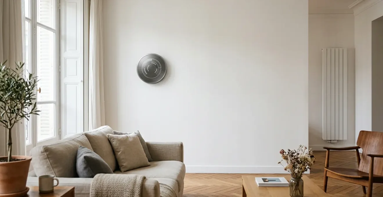 Intérieur moderne français avec système de chauffage intelligent et thermostat connecté sur mur