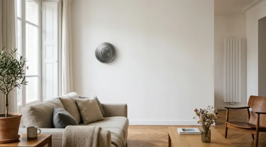 Intérieur moderne français avec système de chauffage intelligent et thermostat connecté sur mur