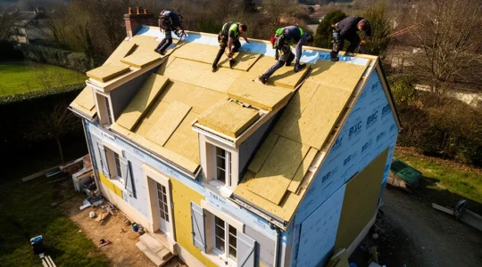 Vue aérienne d'une maison française en rénovation BBC avec isolation thermique visible et ouvriers sur le toit