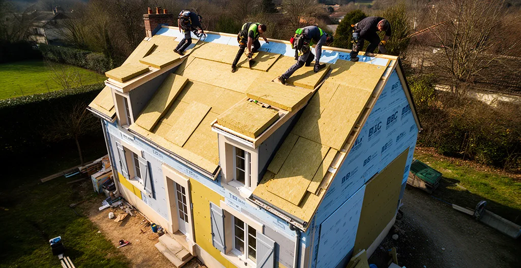 Vue aérienne d'une maison française en rénovation BBC avec isolation thermique visible et ouvriers sur le toit