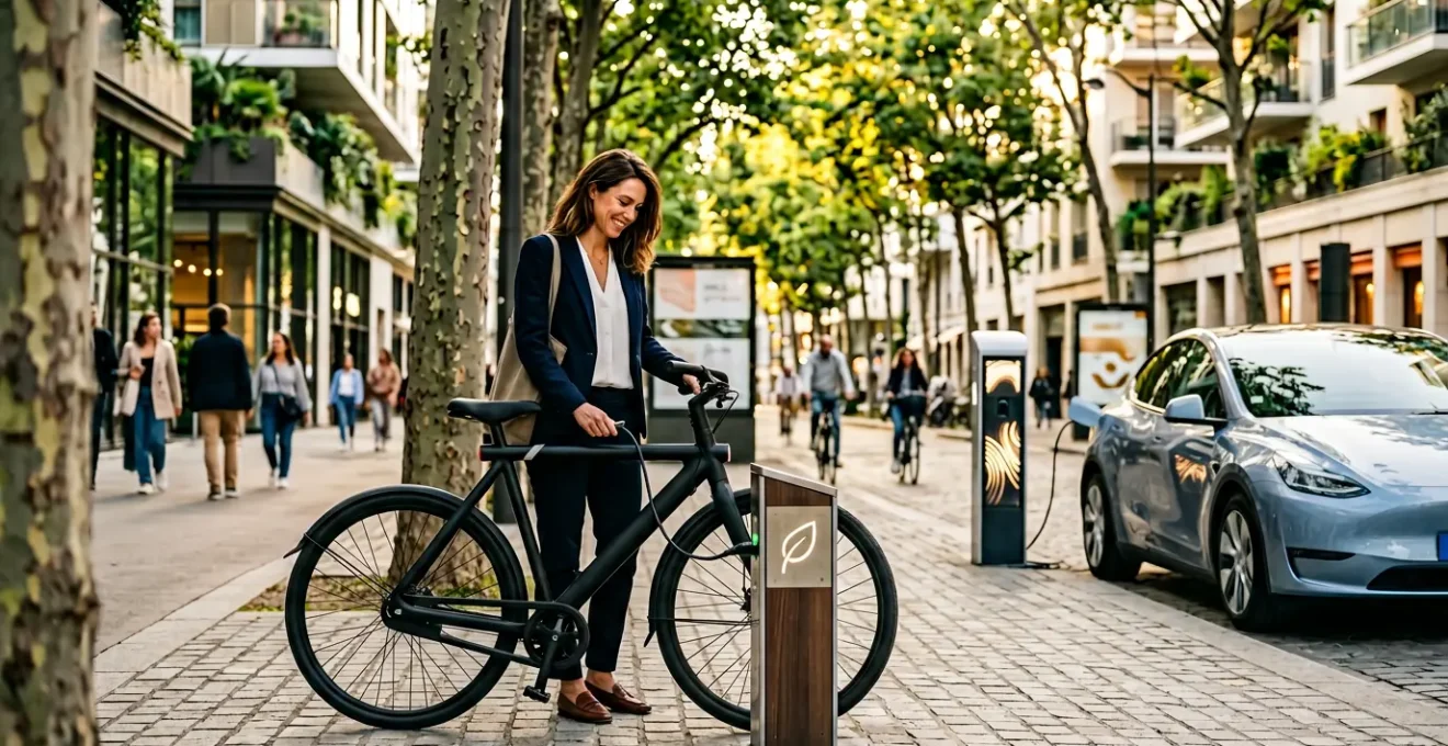 Famille urbaine utilisant différents moyens de transport écologiques dans un environnement moderne