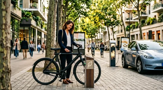 Famille urbaine utilisant différents moyens de transport écologiques dans un environnement moderne