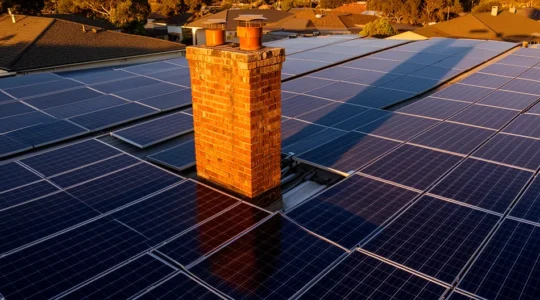 Vue aérienne d'une toiture résidentielle avec panneaux solaires montrant l'ombre portée d'une cheminée sur les modules photovoltaïques