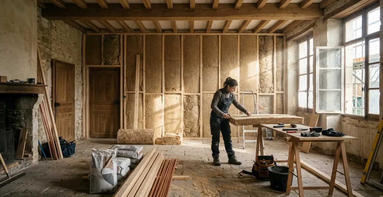 Vue intérieure d'une maison française en rénovation avec isolation thermique apparente et artisans au travail