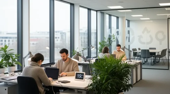 Espace de travail moderne montrant la mise en œuvre d'un plan de sobriété énergétique en entreprise