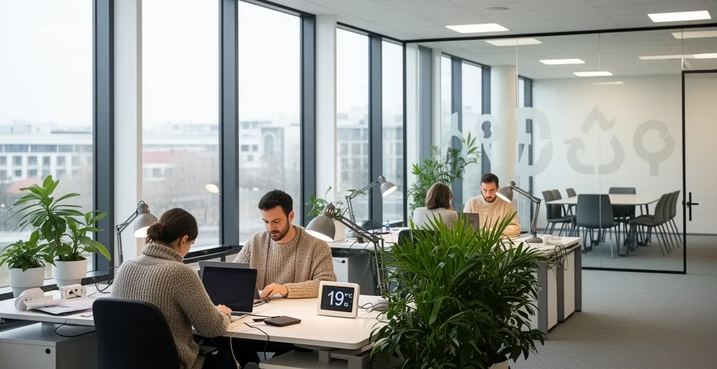 Espace de travail moderne montrant la mise en œuvre d'un plan de sobriété énergétique en entreprise