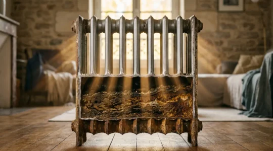 Vue en coupe d'un radiateur montrant l'accumulation de boue dans la partie inférieure avec contraste entre zones propres et encrassées