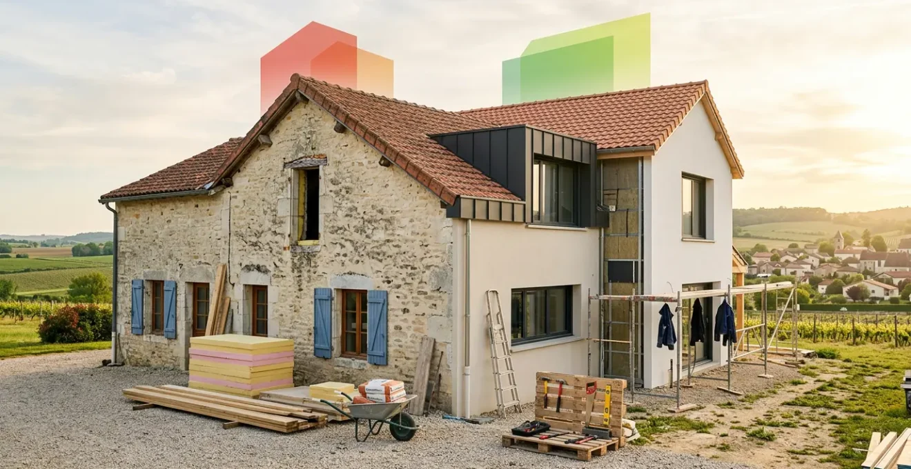Vue d'ensemble d'une maison française en rénovation énergétique montrant l'amélioration du DPE