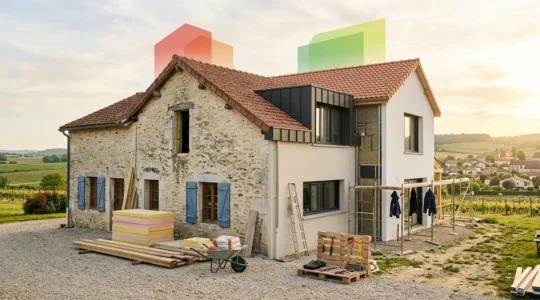 Vue d'ensemble d'une maison française en rénovation énergétique montrant l'amélioration du DPE