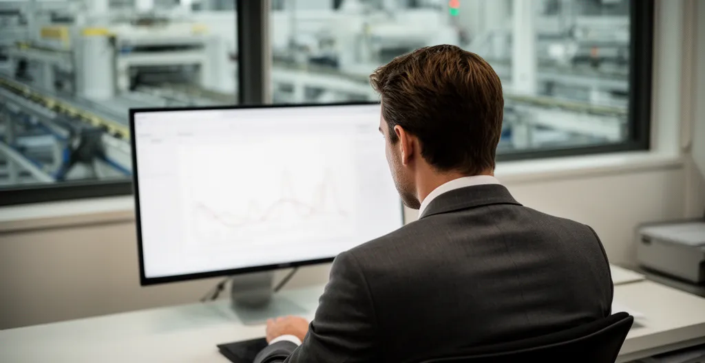 Responsable technique analysant les données de consommation énergétique dans un bureau industriel