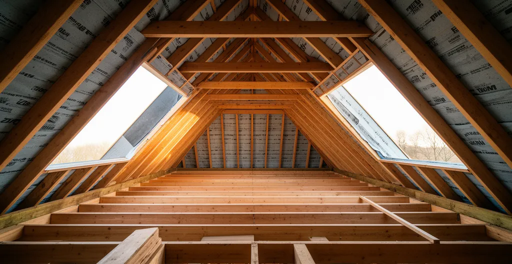 Vue en coupe d'une toiture en cours d'isolation par sarking avec panneaux isolants et charpente apparente