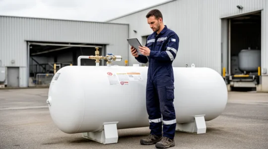Technicien professionnel inspectant une installation propane sur site industriel français