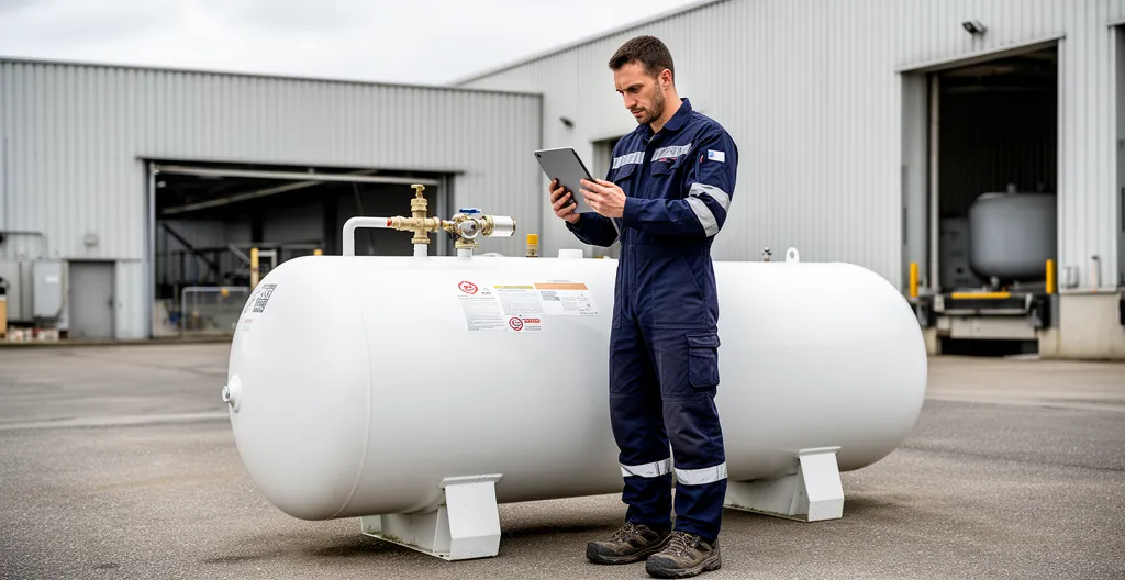 Technicien professionnel inspectant une installation propane sur site industriel français
