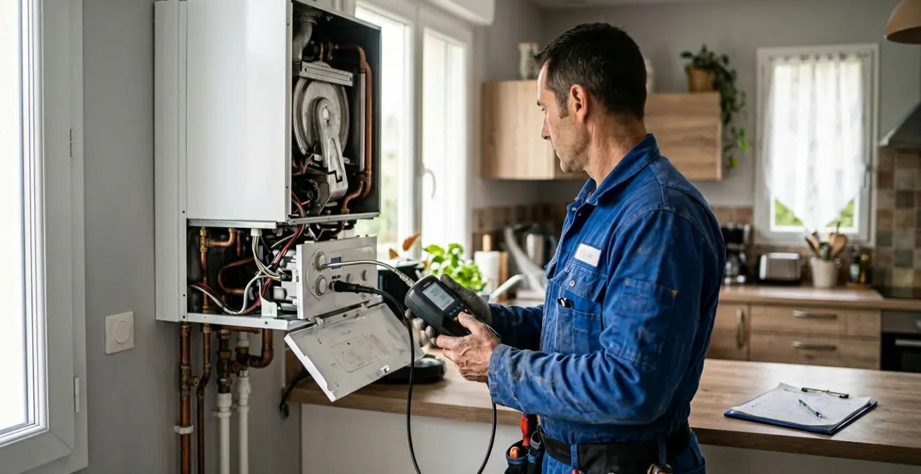Technicien chauffagiste vérifiant une chaudière murale avec ses instruments de mesure