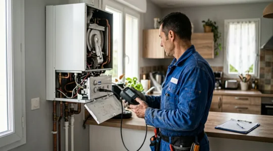 Technicien chauffagiste vérifiant une chaudière murale avec ses instruments de mesure