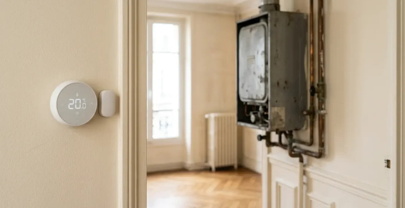 Installation moderne d'un thermostat connecté sur une chaudière gaz ancienne dans un intérieur français