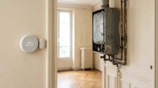 Installation moderne d'un thermostat connecté sur une chaudière gaz ancienne dans un intérieur français