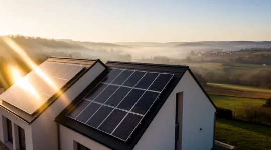 Vue aérienne d'une maison française avec panneaux solaires sur toiture bi-pente Est-Ouest au lever du soleil