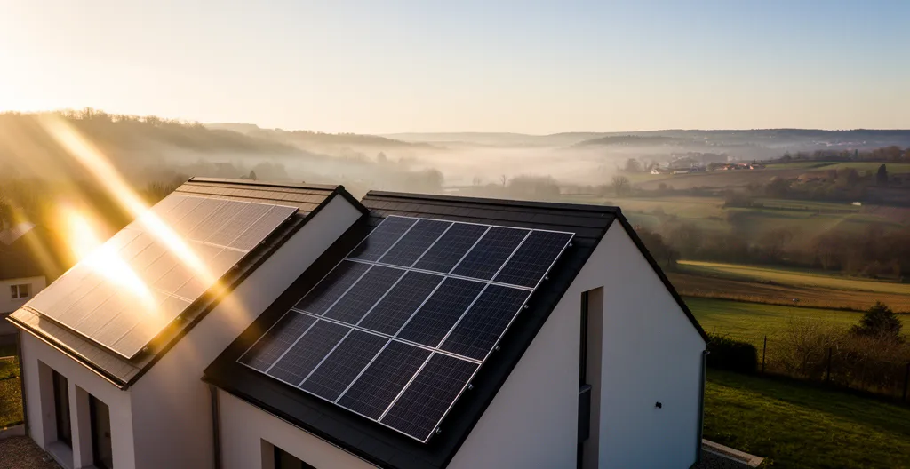 Vue aérienne d'une maison française avec panneaux solaires sur toiture bi-pente Est-Ouest au lever du soleil