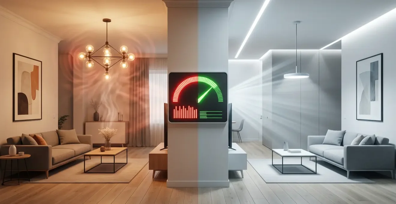 Comparaison visuelle d'un intérieur moderne éclairé par des LED montrant l'économie d'énergie
