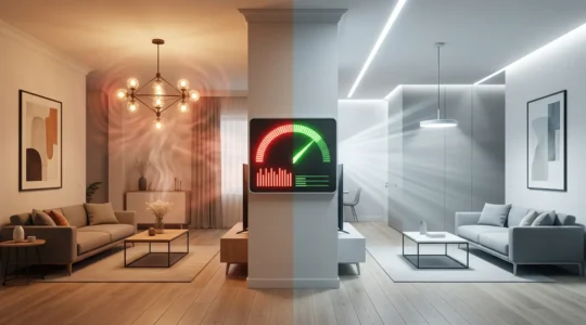 Comparaison visuelle d'un intérieur moderne éclairé par des LED montrant l'économie d'énergie