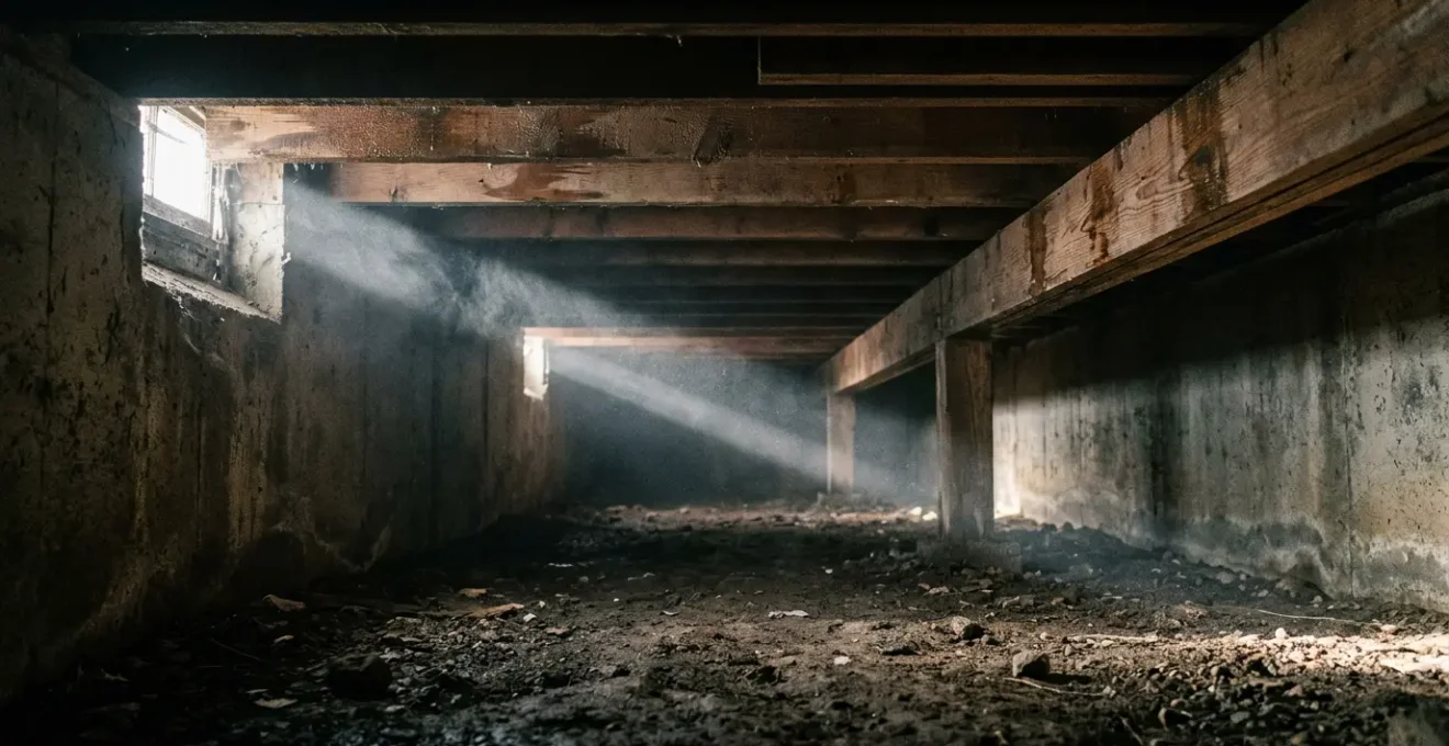 Vue en contre-plongée sous une maison montrant un espace sombre avec vapeur d'eau et structure bois