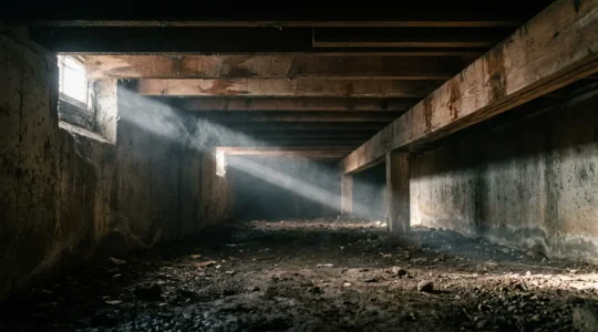 Vue en contre-plongée sous une maison montrant un espace sombre avec vapeur d'eau et structure bois
