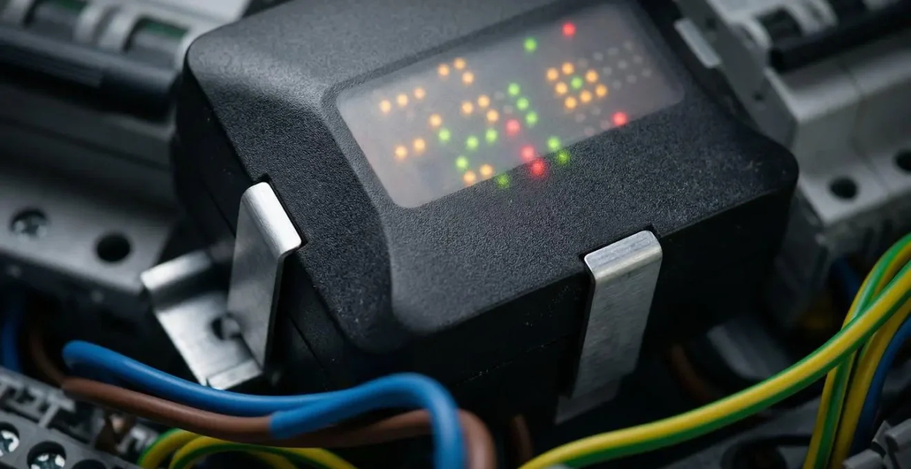 Gros plan sur système de monitoring énergétique connecté au tableau électrique