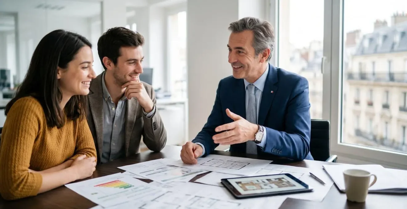 Professionnel immobilier français présentant des documents d'audit énergétique à des clients potentiels