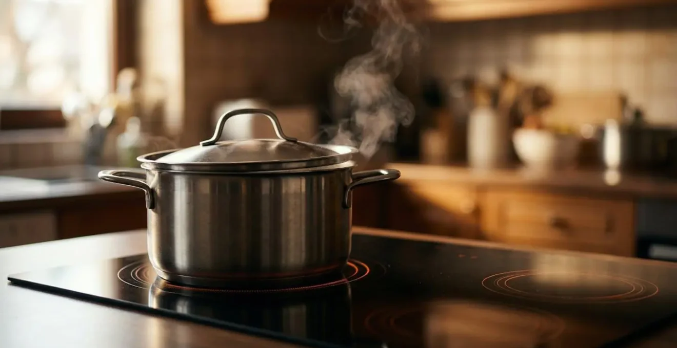 Casserole avec couvercle fermé sur plaque de cuisson, vapeur s'échappant légèrement