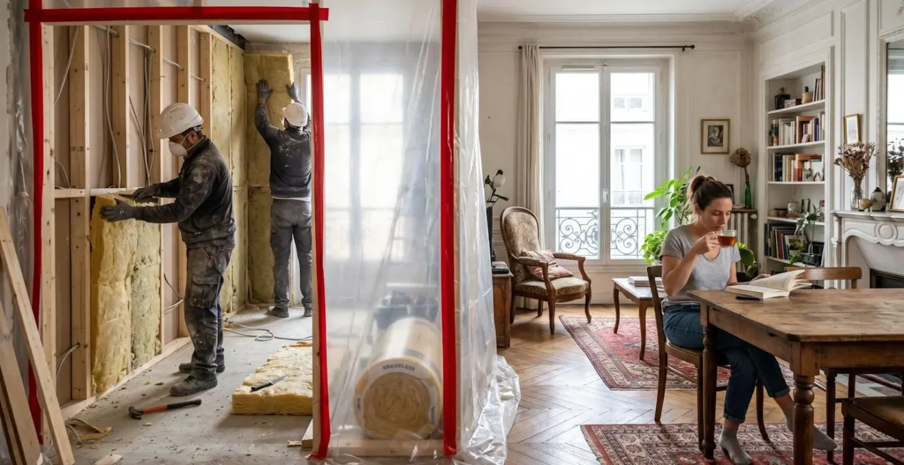 Vue d'un appartement français avec zones de travaux d'isolation délimitées et espaces de vie préservés