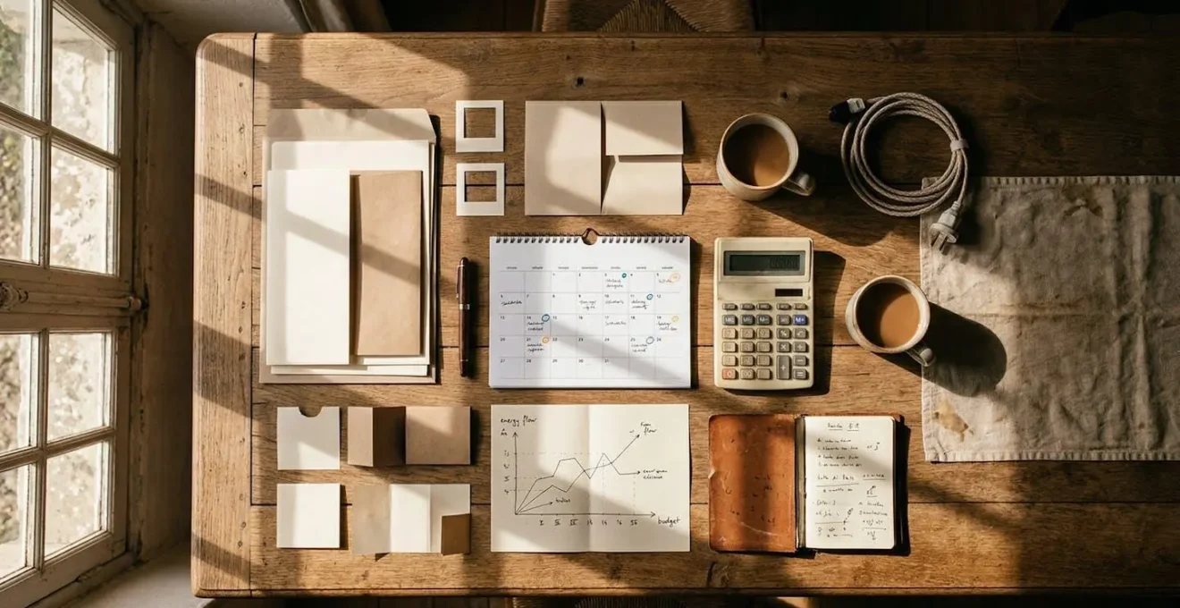 Vue aérienne d'une table avec calendrier, calculatrice et papiers administratifs pour la gestion du budget énergie