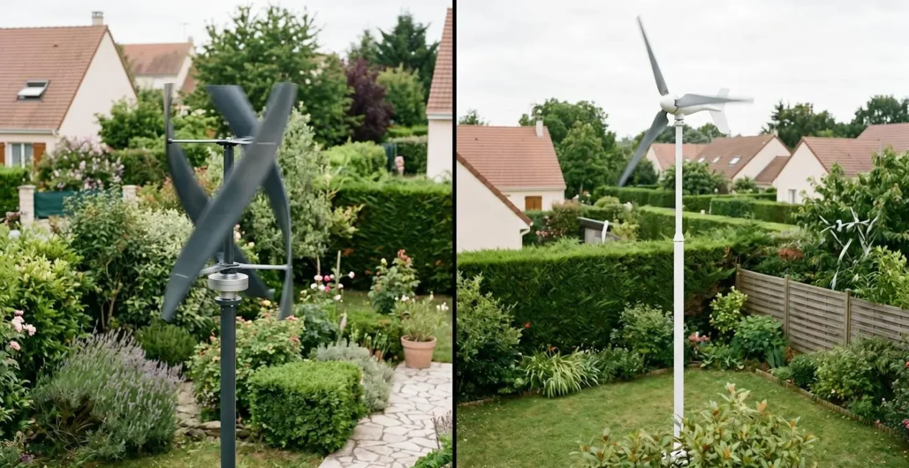 Comparaison visuelle entre une éolienne verticale et horizontale installées dans un jardin résidentiel français