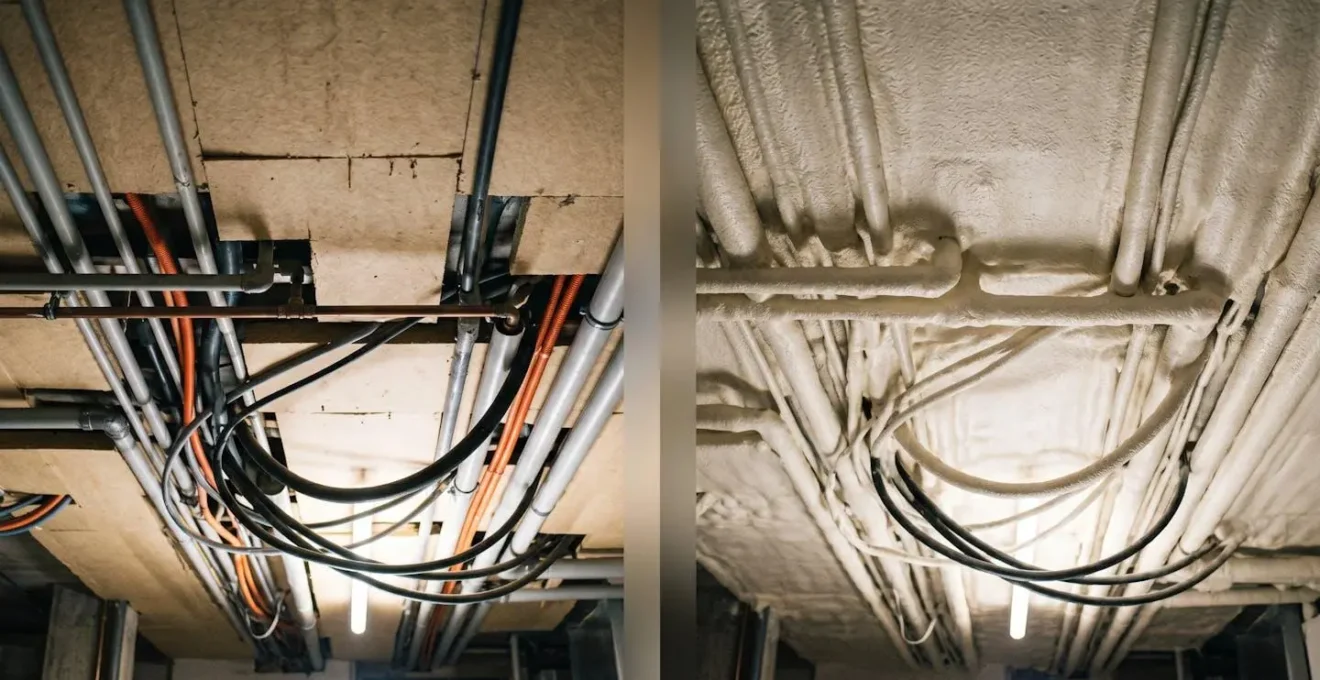 Vue comparative d'un plafond technique avec réseaux de tuyaux isolé par flocage à droite et par panneaux avec des défauts à gauche