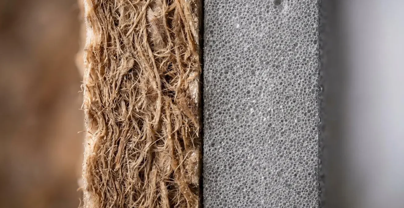 Comparaison visuelle macro des textures d'isolants fibre de bois et polyuréthane pour sarking