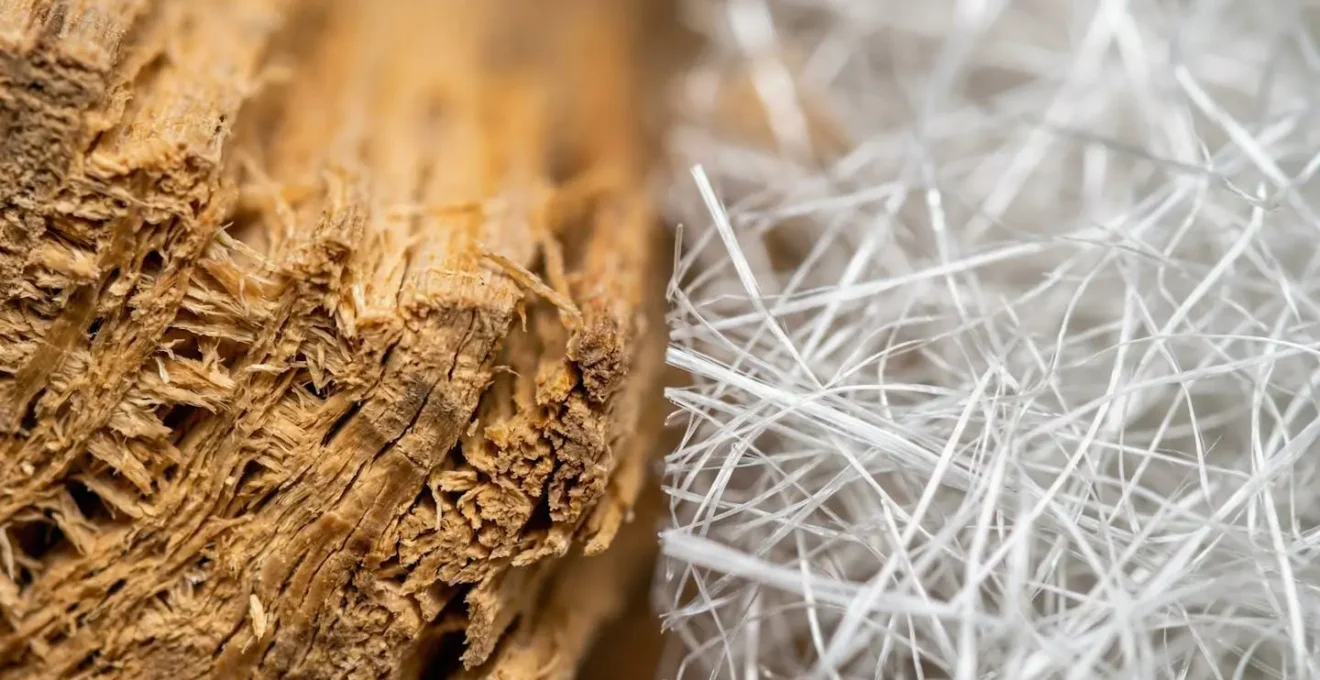 Vue macro de fibres de bois et de verre côte à côte