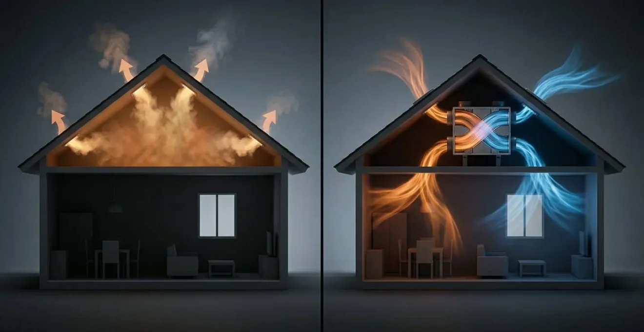 Comparaison visuelle entre système VMC simple flux et double flux avec récupérateur de chaleur
