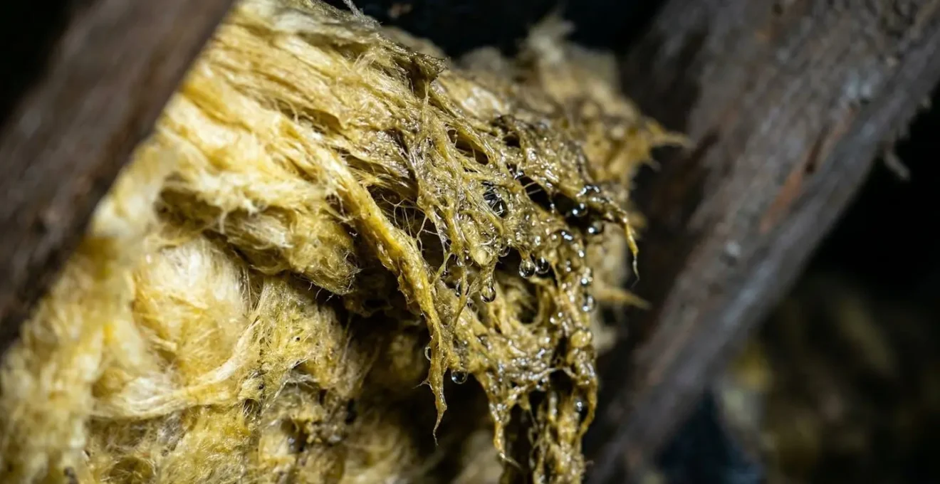 Gros plan sur de la laine de verre saturée d'eau dans des combles