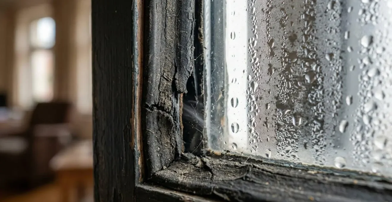 Vue macro d'un joint de fenêtre usé avec infiltration d'air visible et condensation sur la vitre