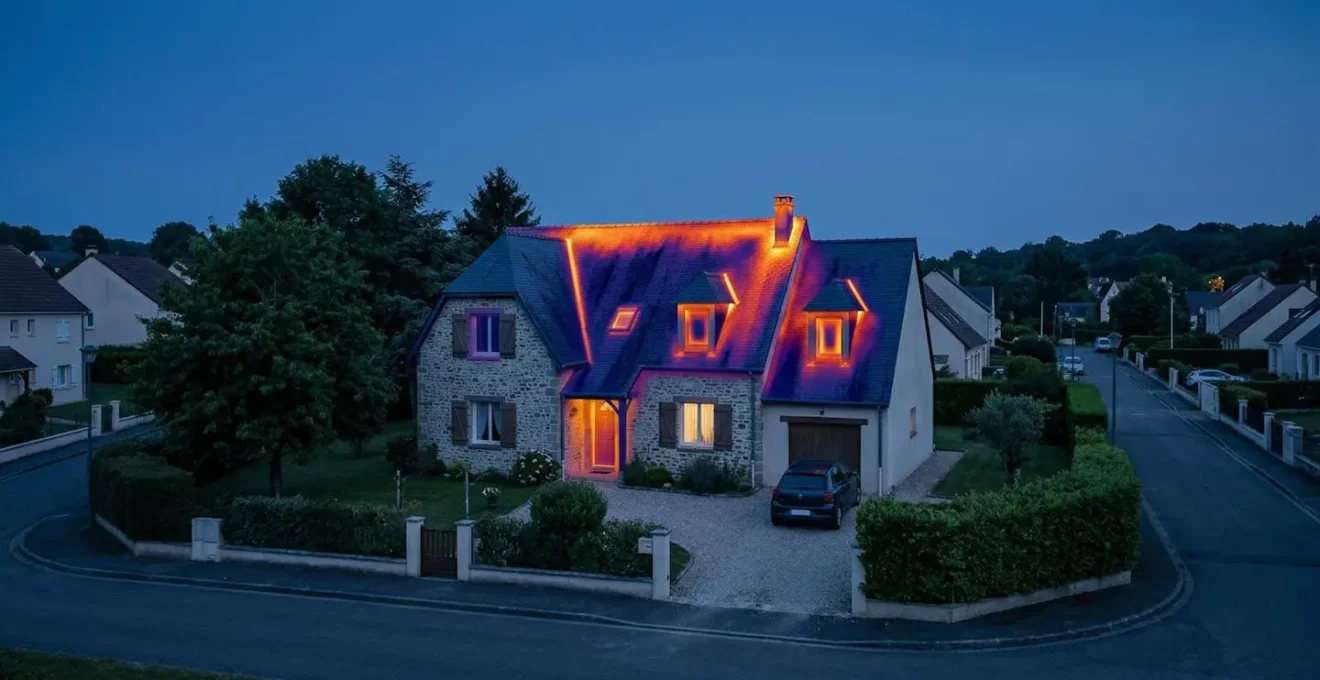 Diagnostic thermique d'une maison française avec caméra infrarouge montrant les déperditions de chaleur
